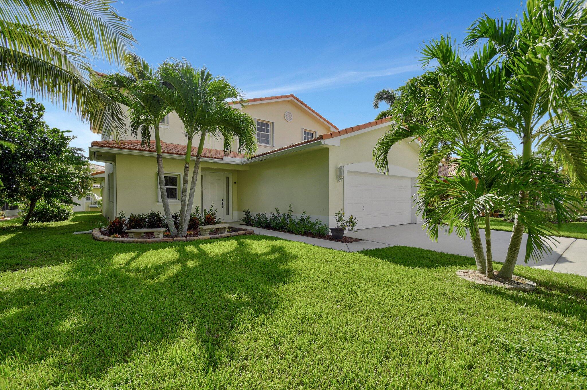 a view of a backyard with a garden and palm trees