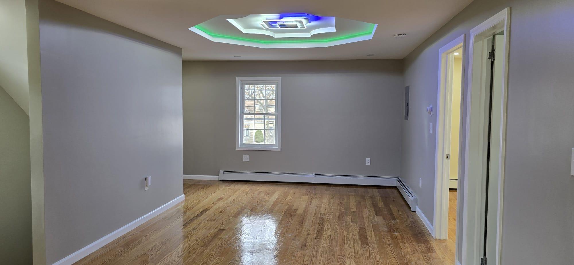 Spare room with a raised ceiling, baseboard heating, and light wood-type flooring