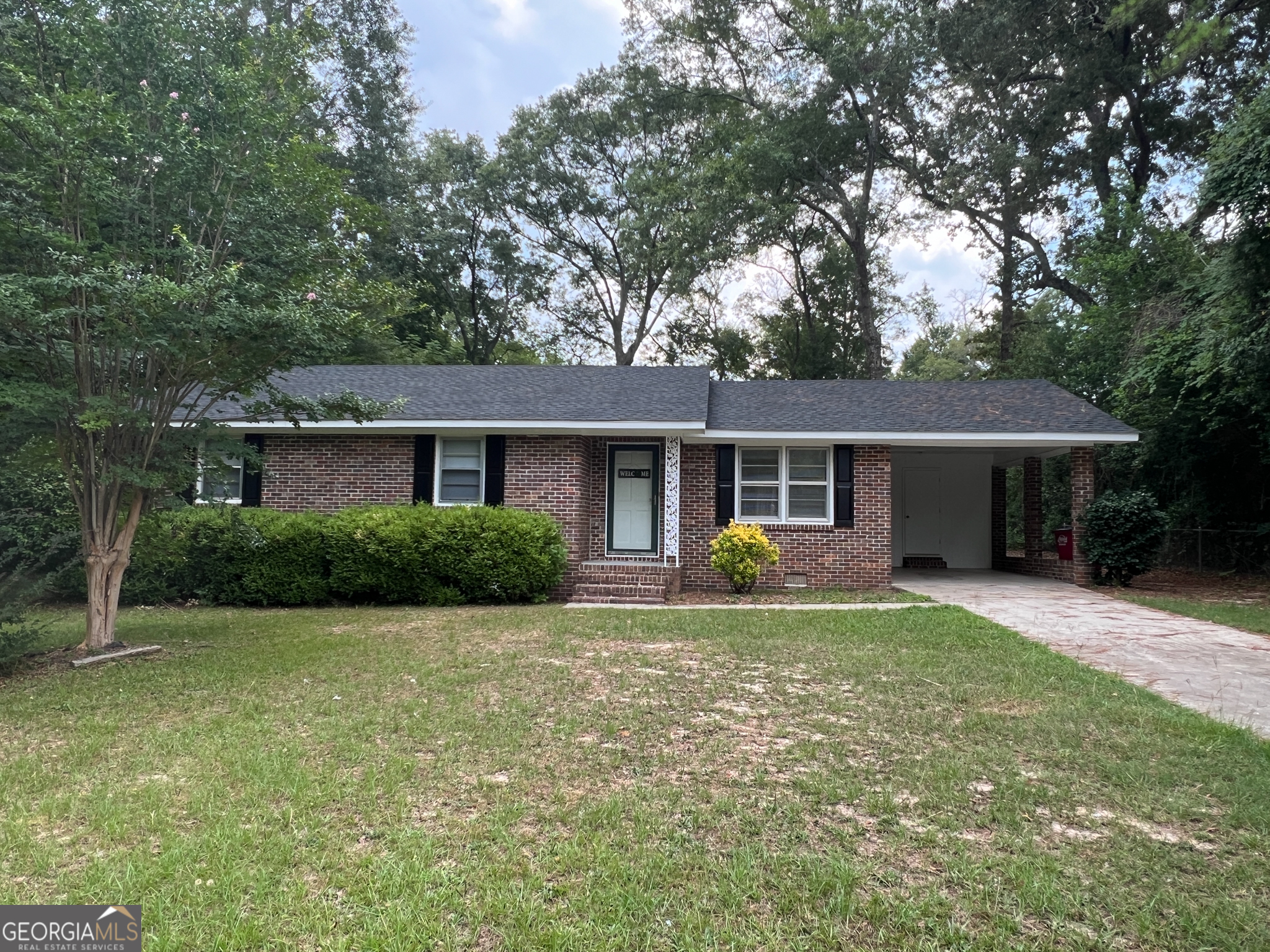 a front view of house with yard and green space