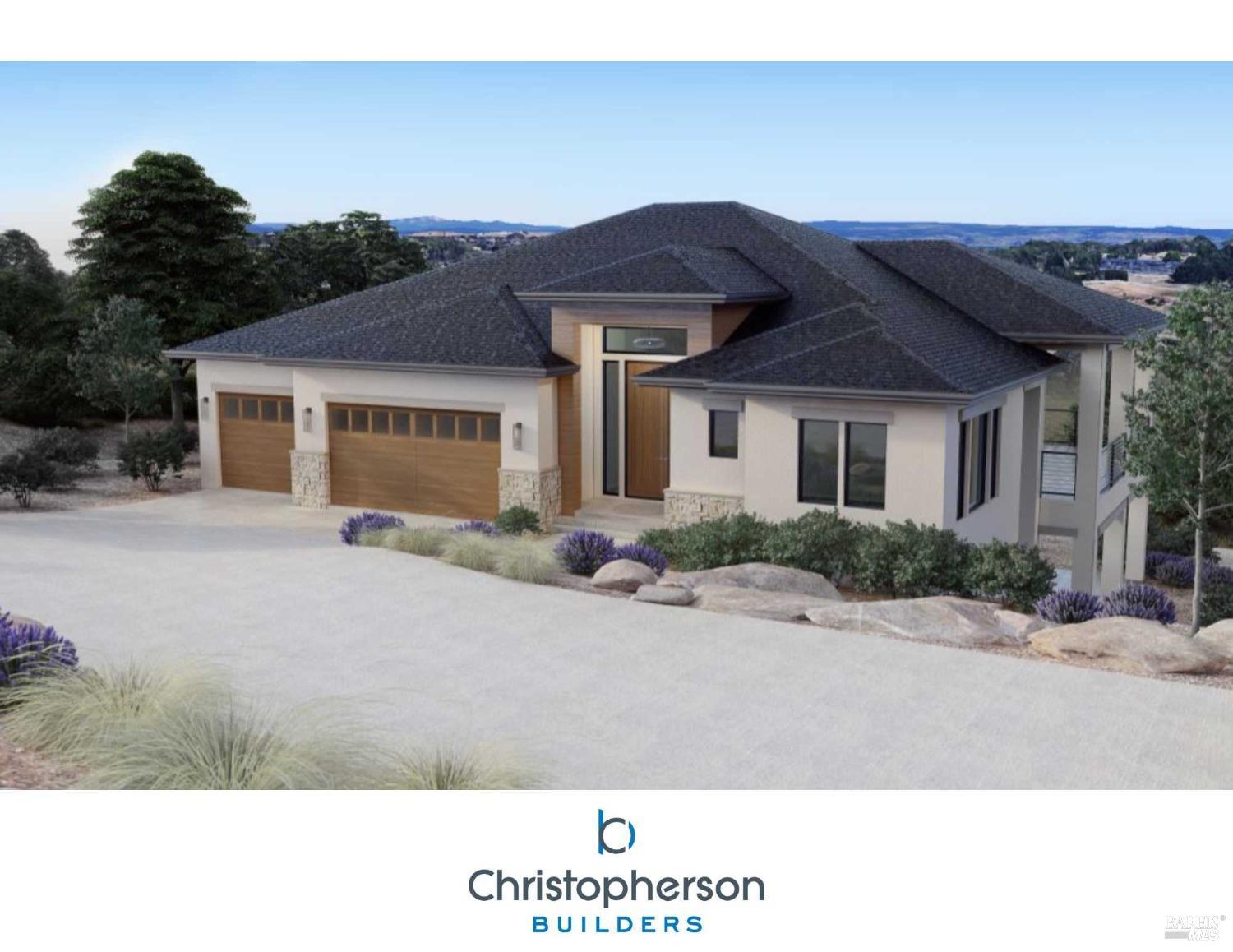 Here is a rendering of the plan 41 by Christopherson Builders. For this property at 3600 Crown Hill Dr, the plan will be turned slightly to maximize these incredible views, while making the rear part of this 1-acre parcel more accessible and useable for whatever the new owner would like to do (pool, pickle ball court, hobby vineyard, etc.). The lot/build purchase price of $2,950,000 also includes a 3-car garage. The buyer could add to this projected price for both lot and build due to the room available to have a 4-car garage built.