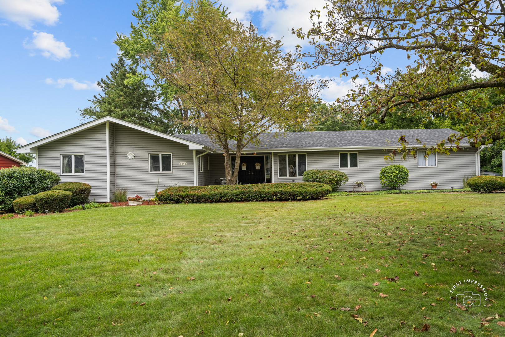 a front view of house with yard and green space