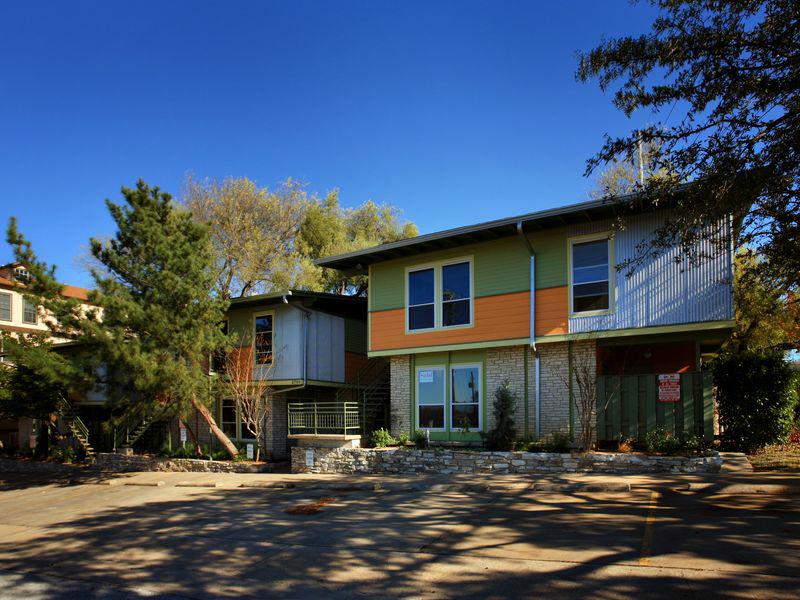 a front view of a building with street view