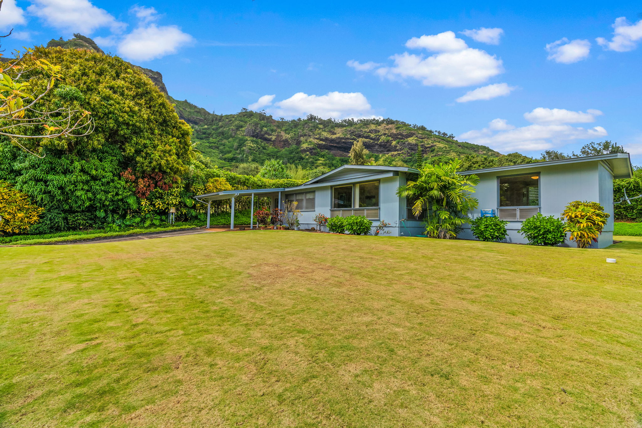 a view of house with yard and ocean view