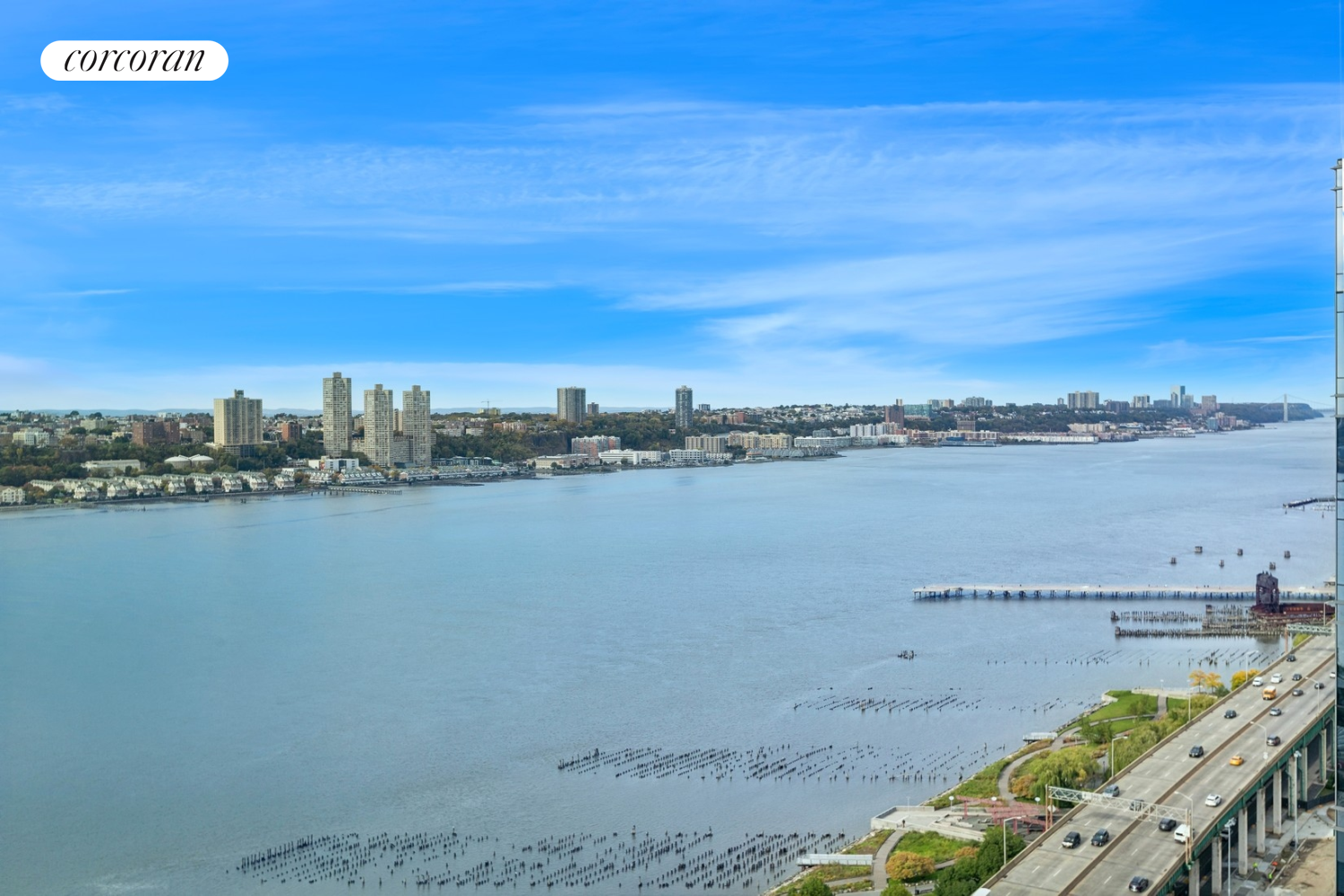 a view of a lake with a city view