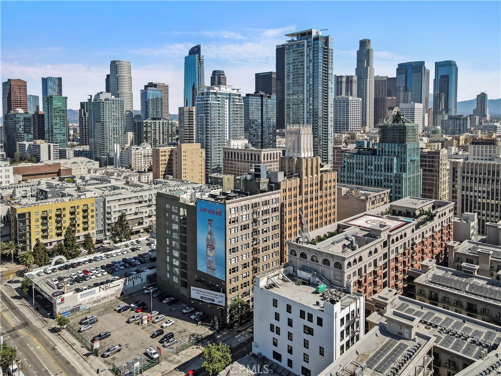 a city view with tall buildings