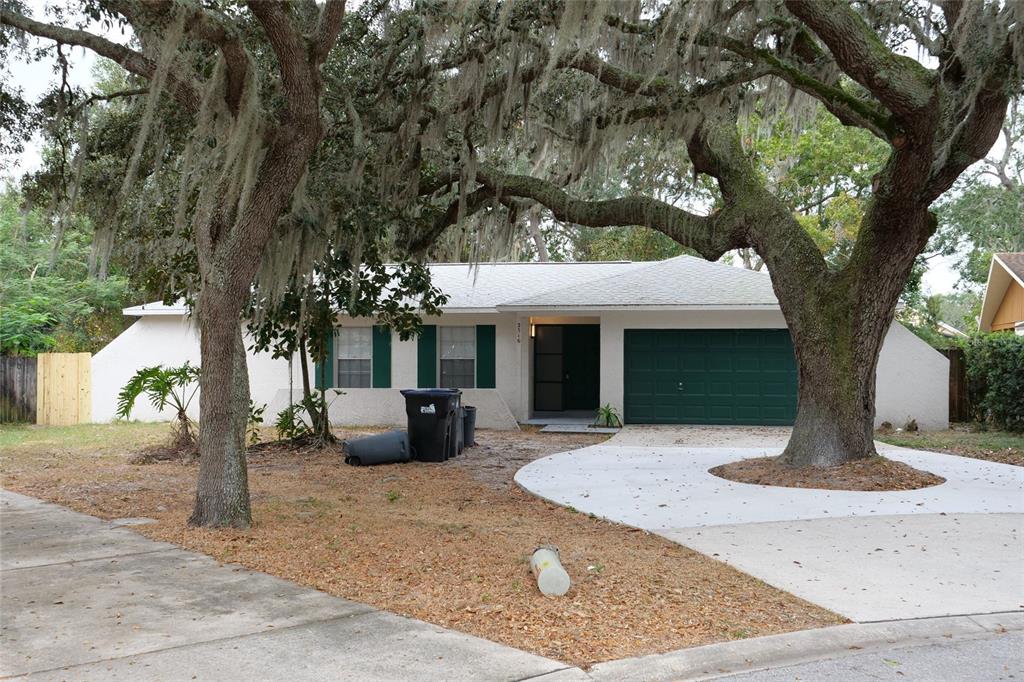 a view of a house with a yard and potted plants