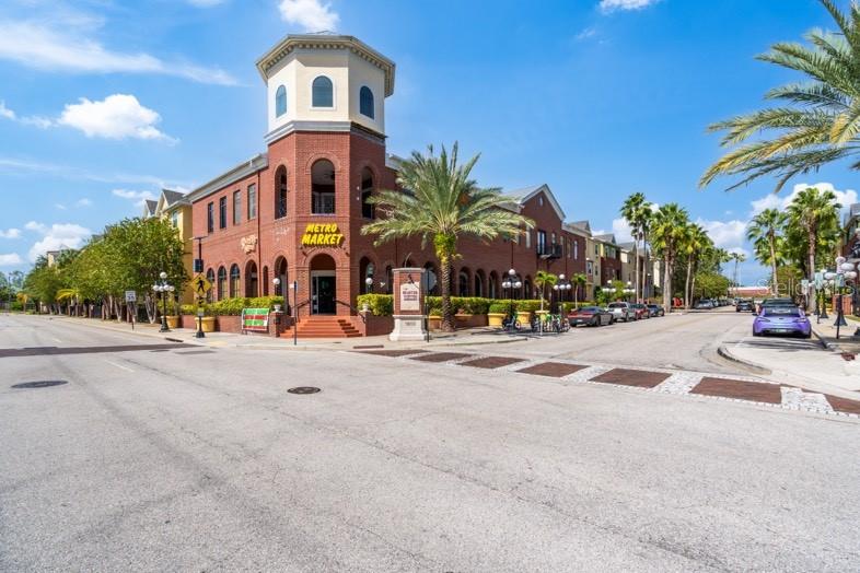 a front view of a building with street view