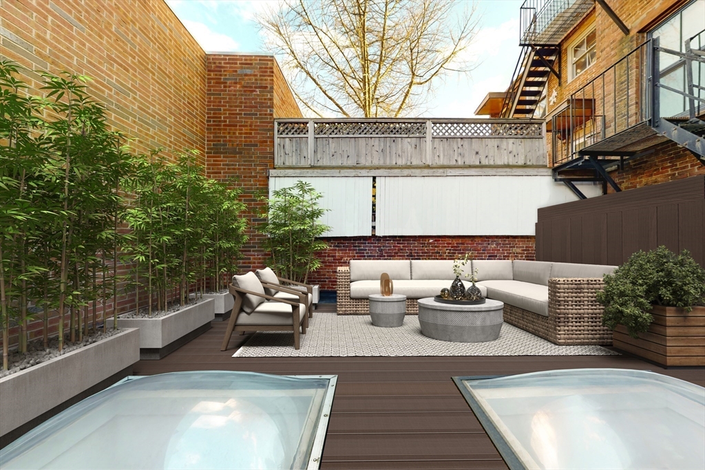 a building outdoor space with patio furniture