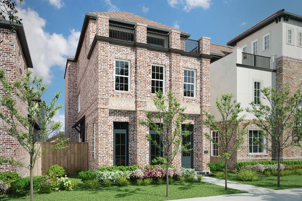 Rendering of 1210 Castellina. Three story free standing home with a large front yard, fenced in side yard, three car garage and large front yard.