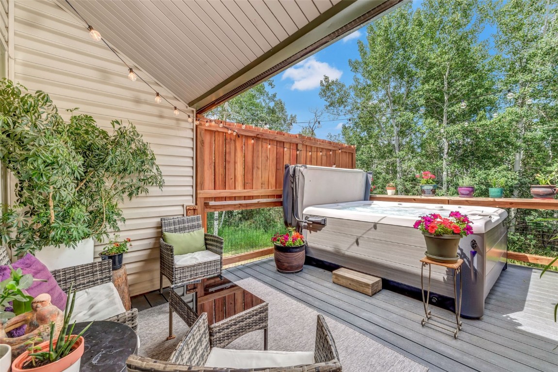 a view of backyard with seating space and potted plants