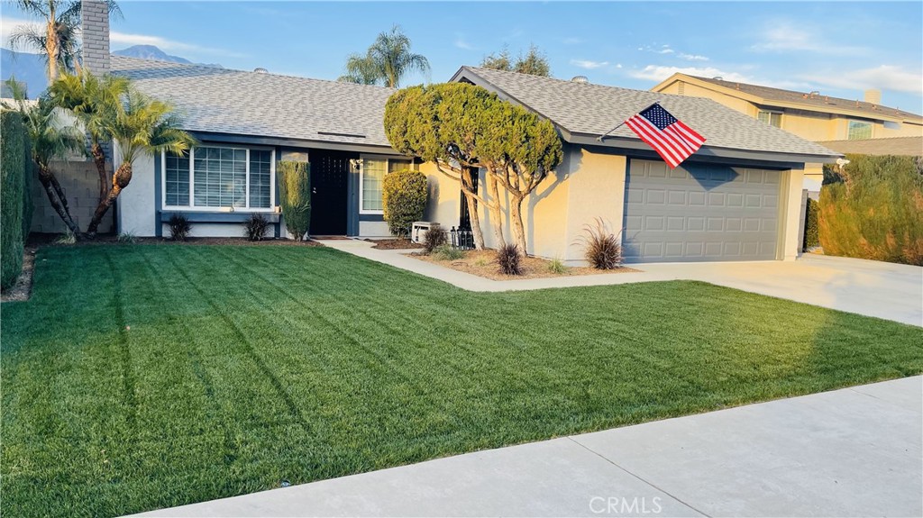 a front view of a house with a yard and trees