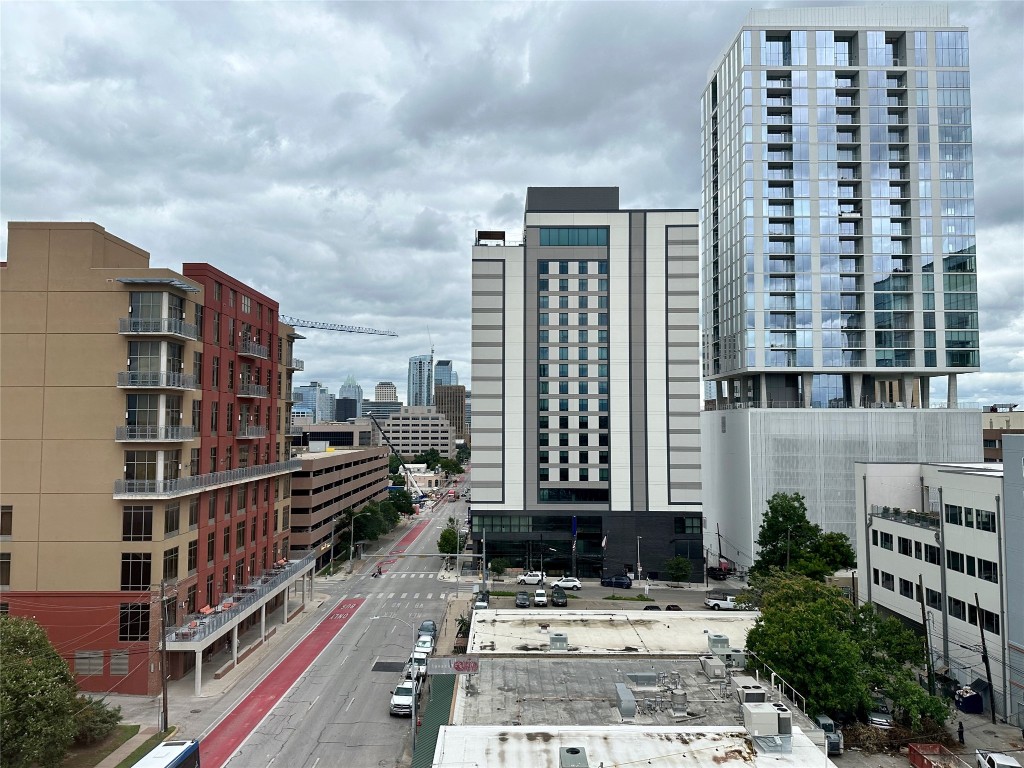 a city view with tall buildings