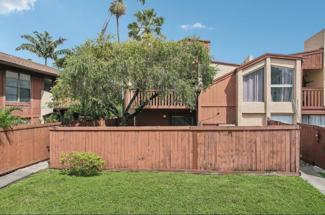 a view of a backyard with plants and large tree