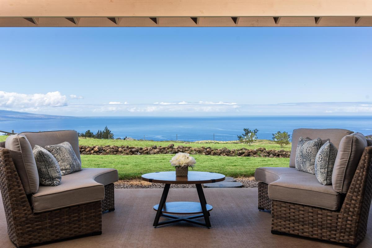 a view of a garden with furniture