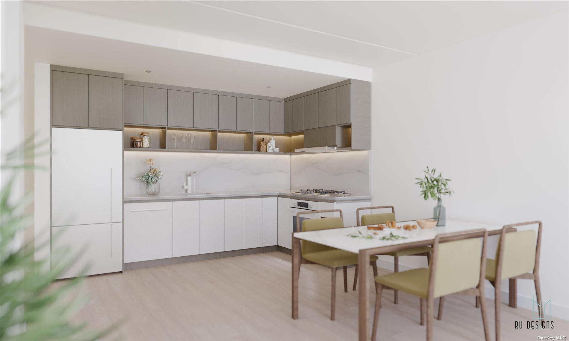 a white kitchen with a stove a table and chairs