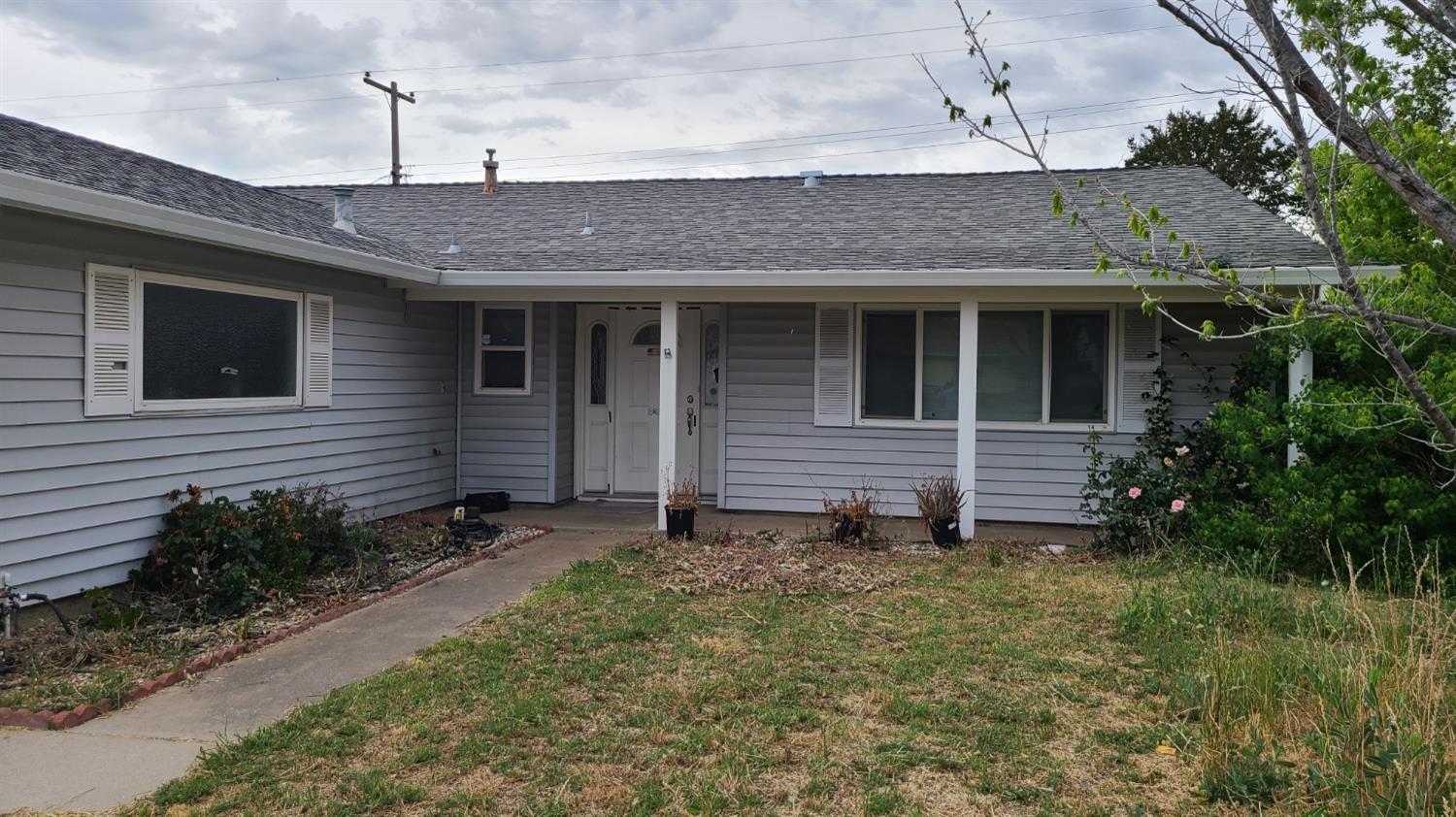 a view of a house with a small yard and plants