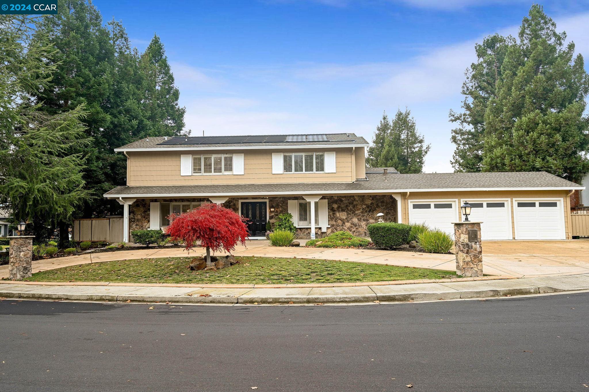 front view of a house with a patio