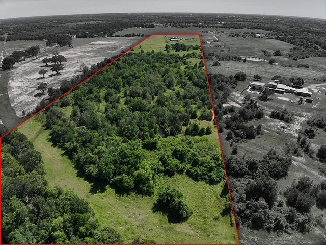 an aerial view of green landscape with trees