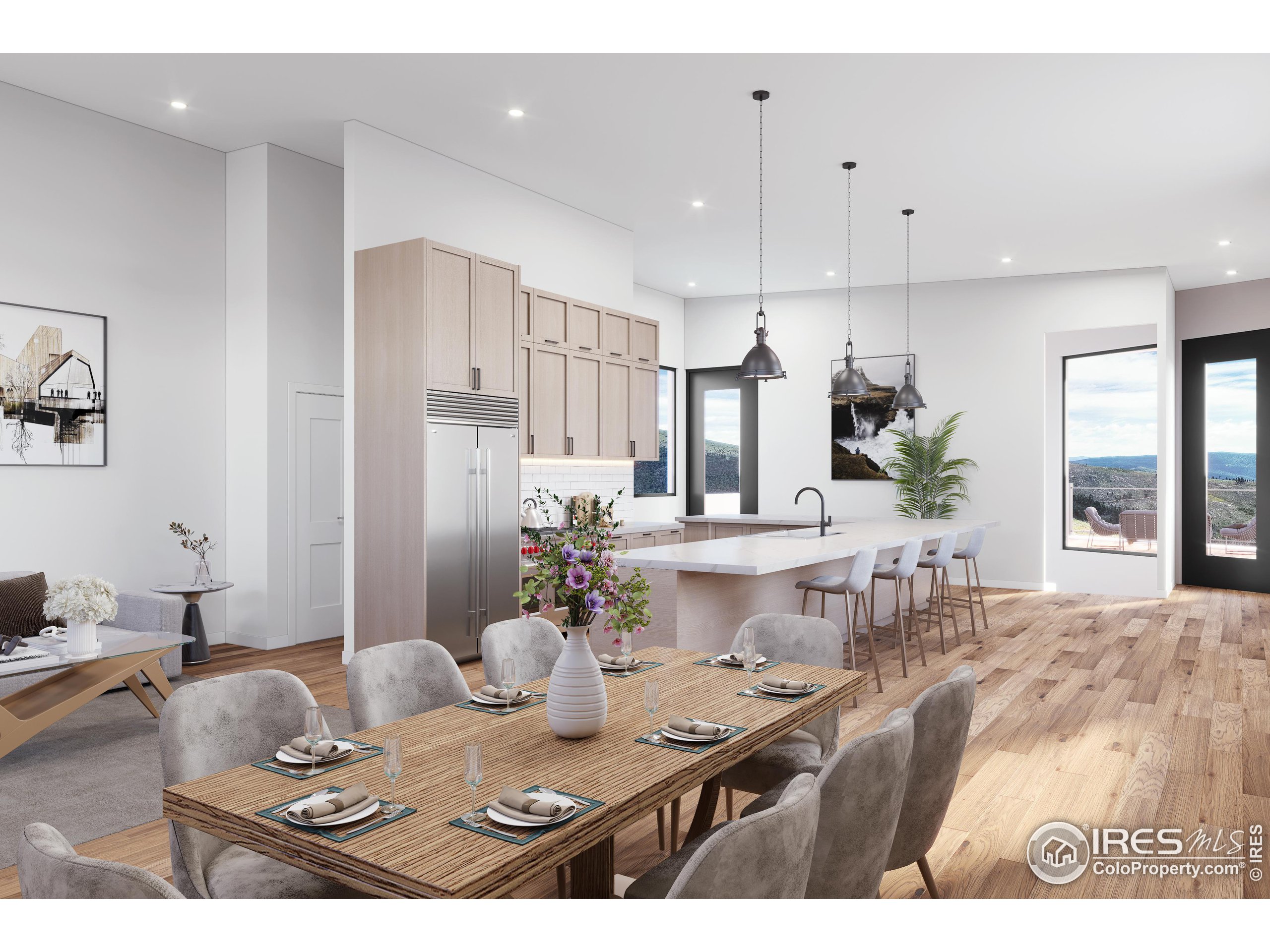 a living room with kitchen island furniture and a chandelier