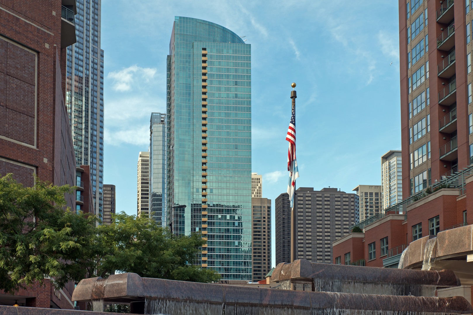 a front view of a city with tall buildings