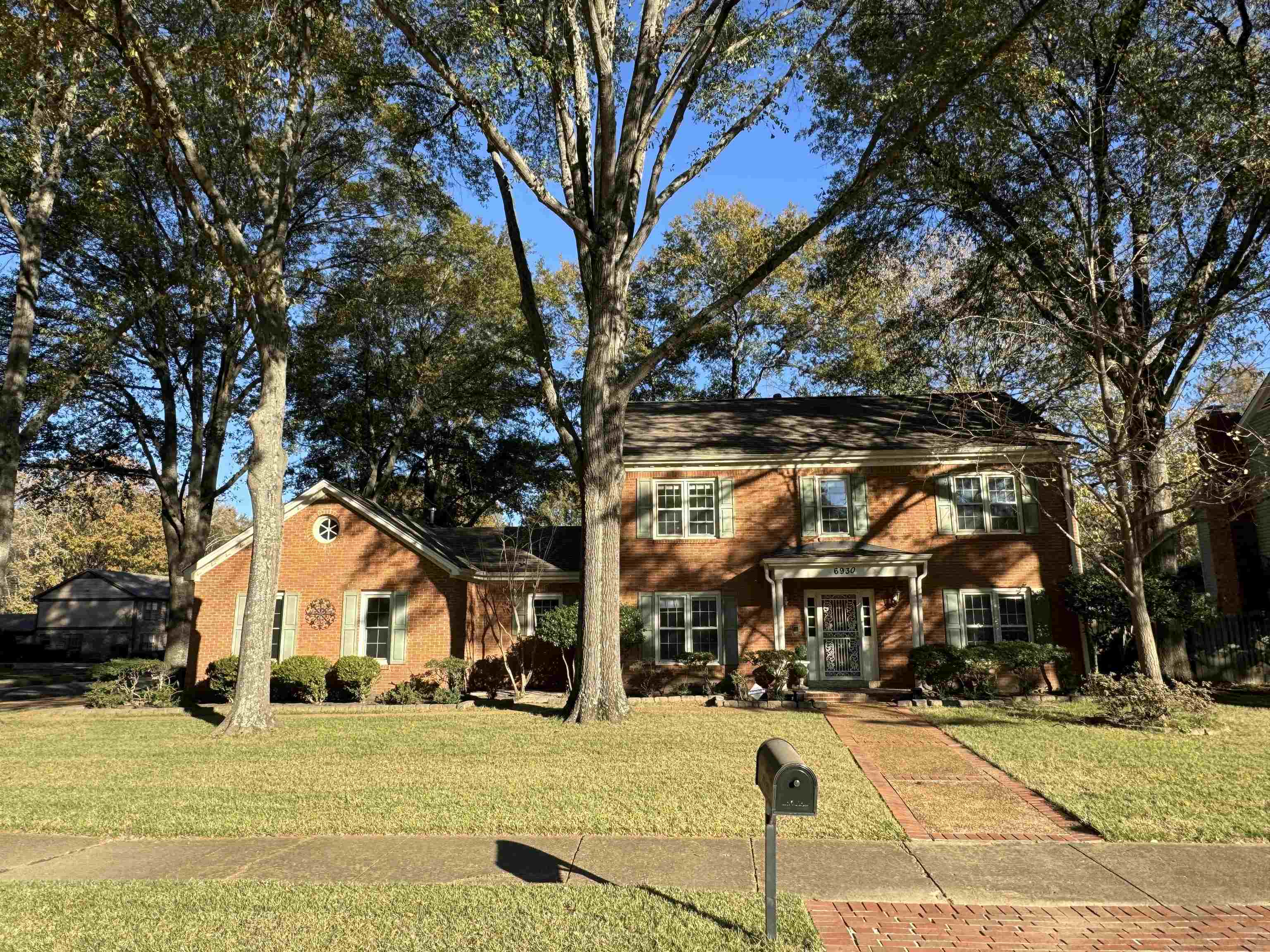 a front view of a house with a yard and tree