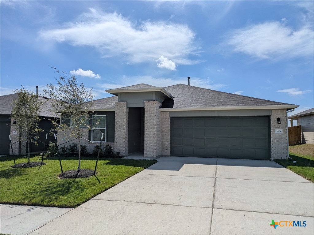 a front view of a house with a yard and entertaining space