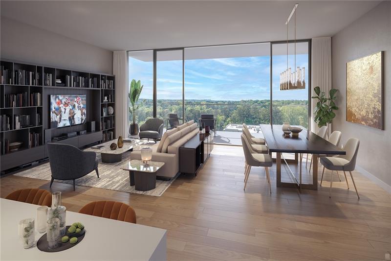 a living room with fireplace furniture and a floor to ceiling window