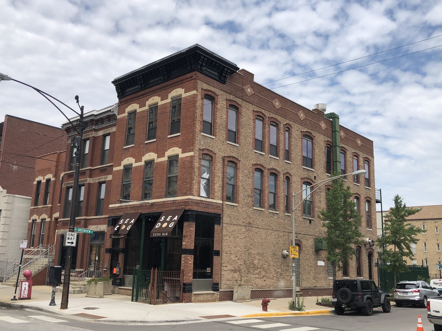 a front view of a building with street