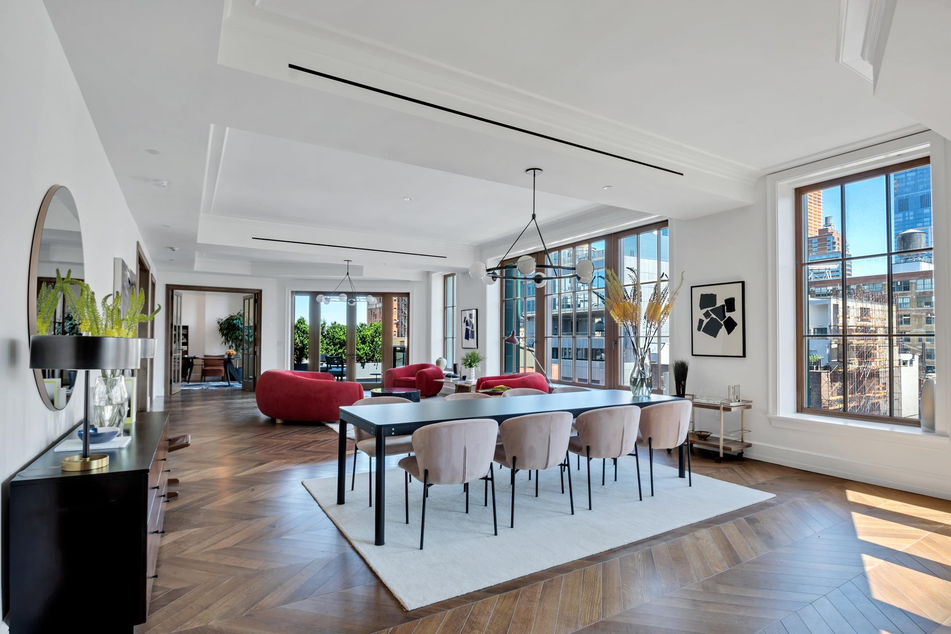 a view of a dining room with furniture window and outside view