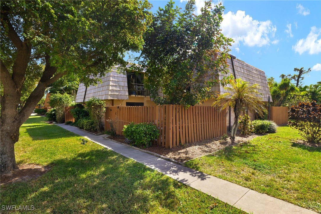 a view of a backyard with tree s