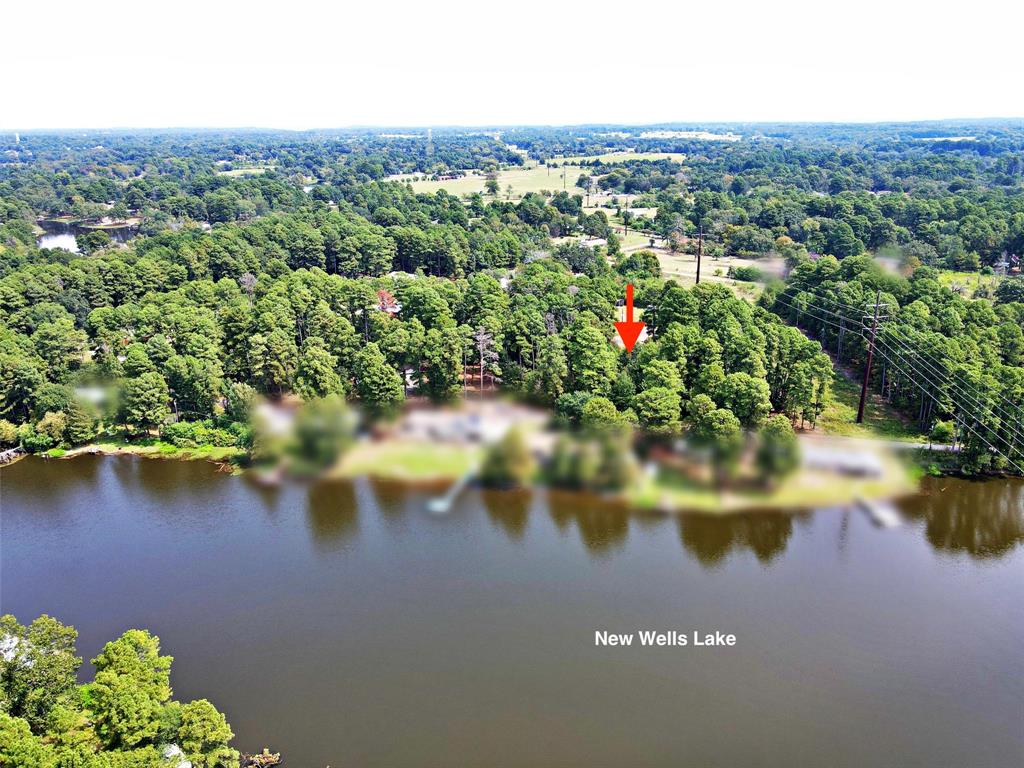 an aerial view of residential houses with outdoor space and lake view