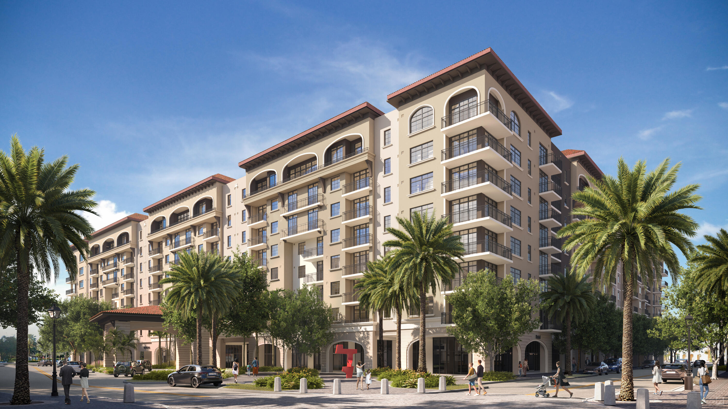 a front view of multi story residential apartment building with a yard and entryway