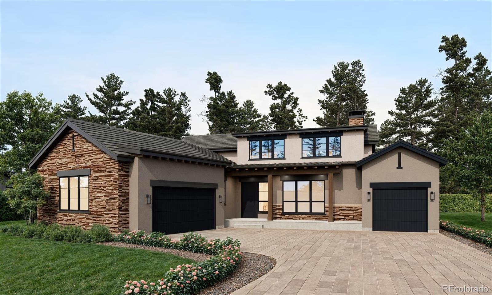 a front view of a house with a garden and trees