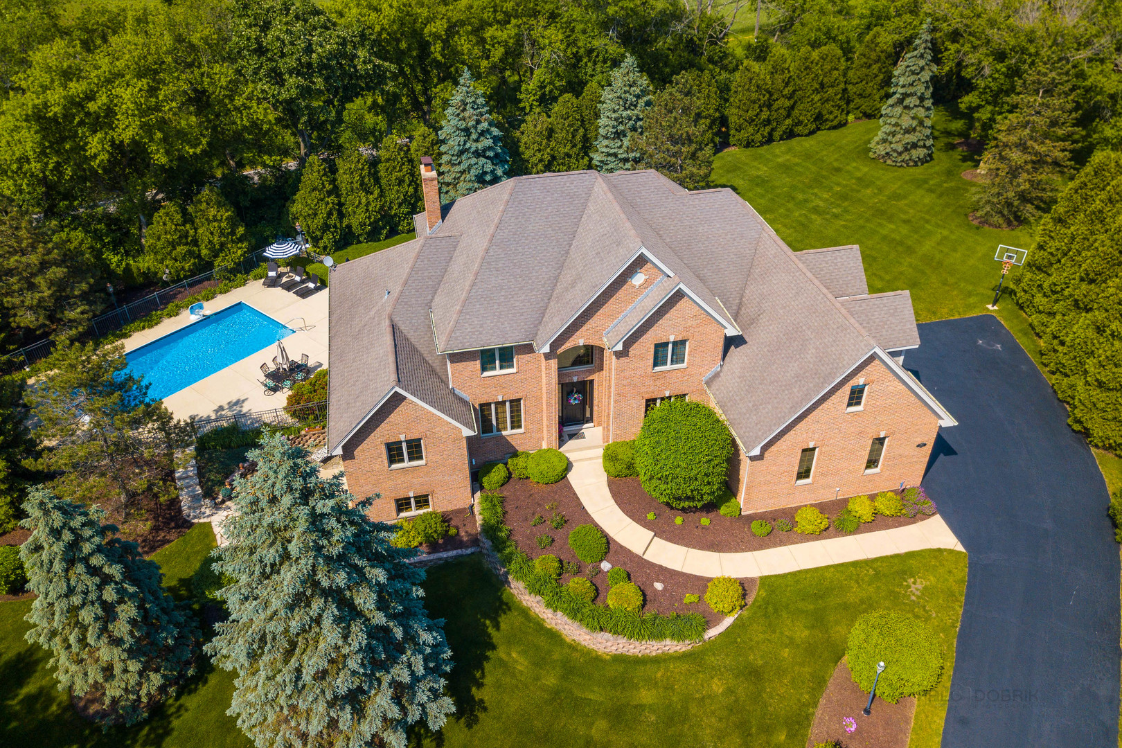 an aerial view of a house with swimming pool and large trees