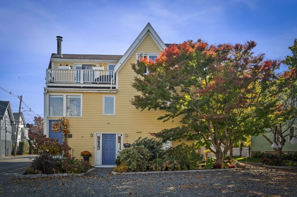 a front view of a house with a tree