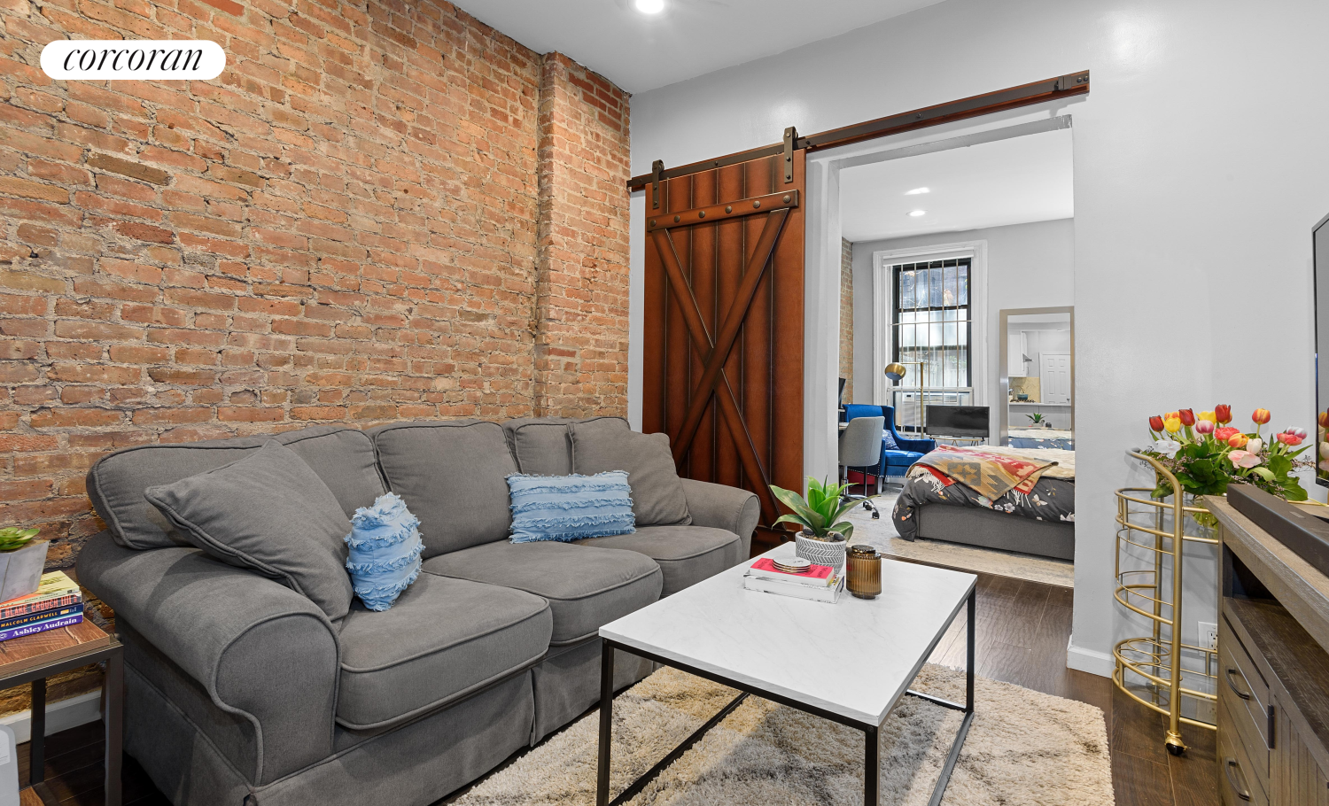 a living room with furniture and a potted plant