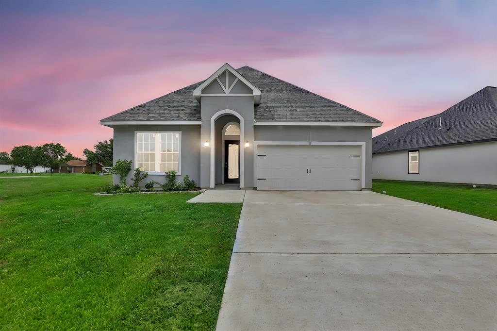 a front view of house with backyard and green space