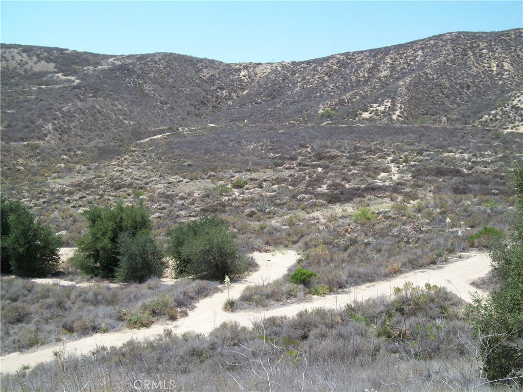 a view of a dry yard with mountains in the background