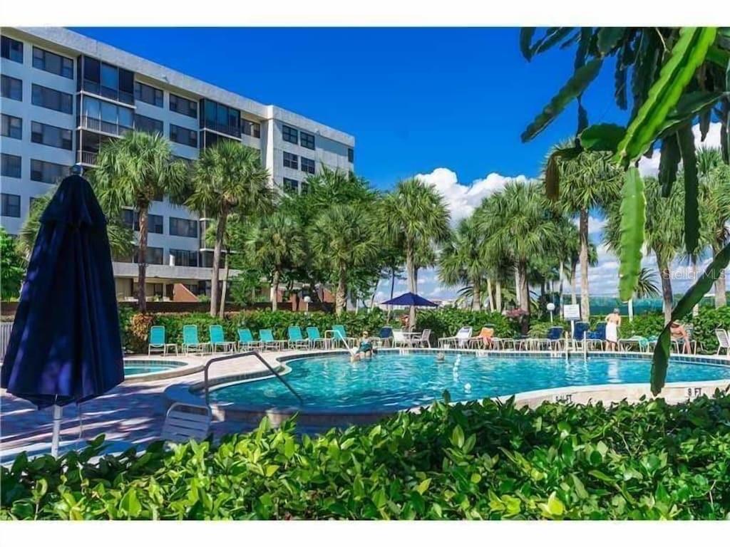 a view of a swimming pool with a yard