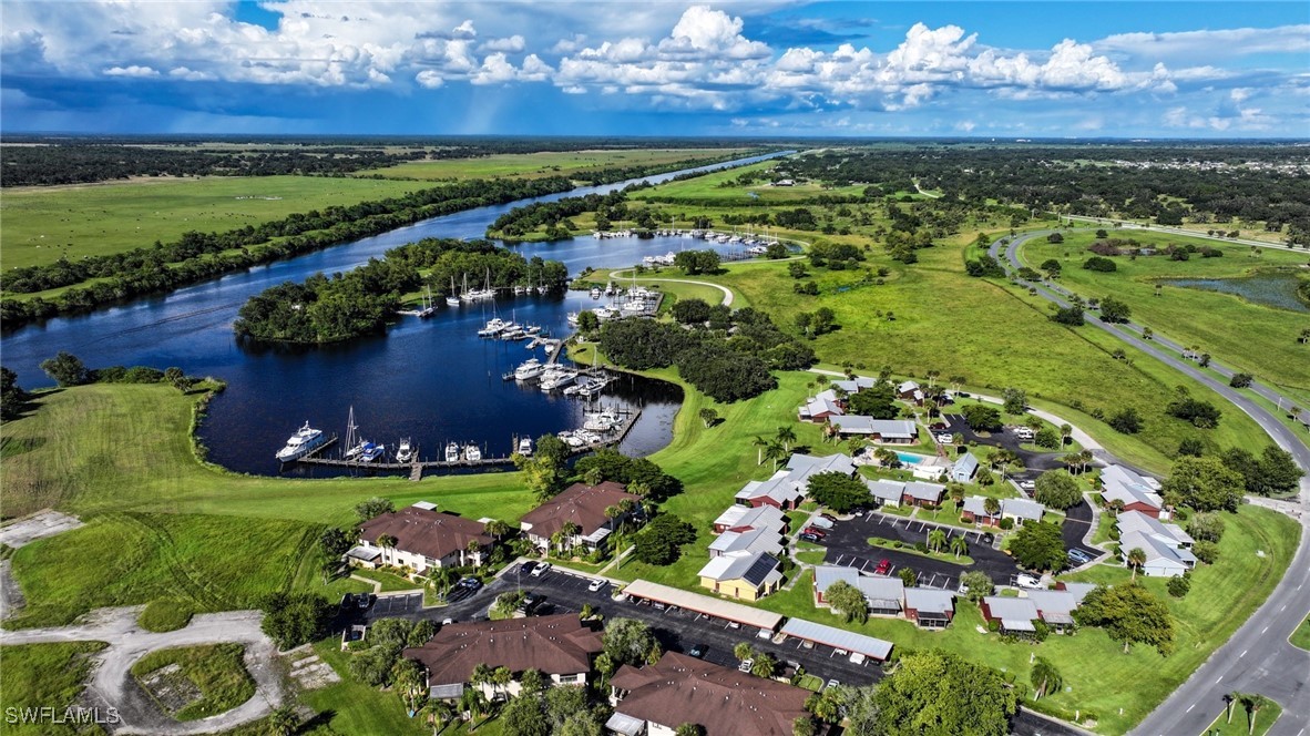 an aerial view of a golf course with a garden