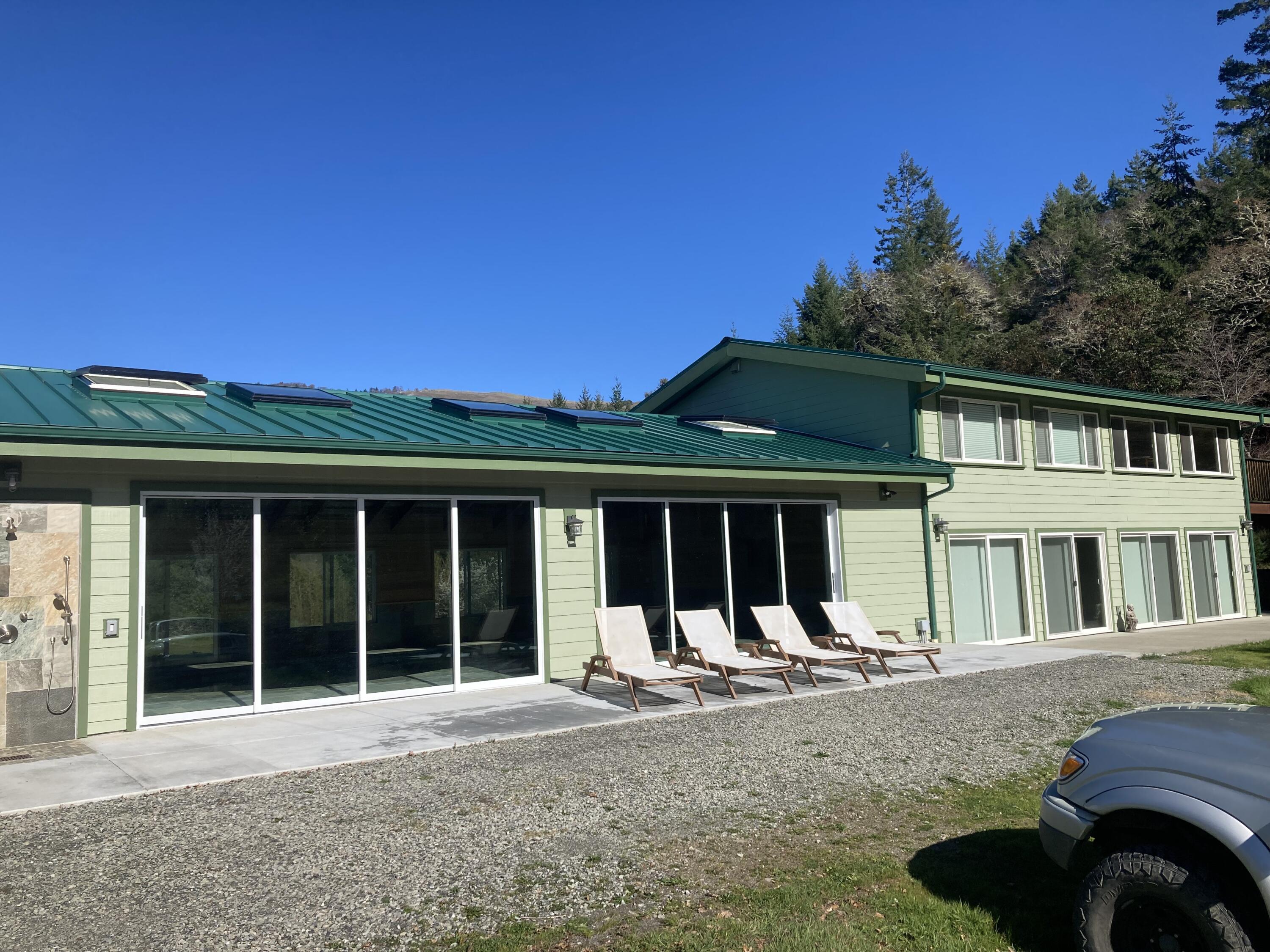 front view of a house with a patio