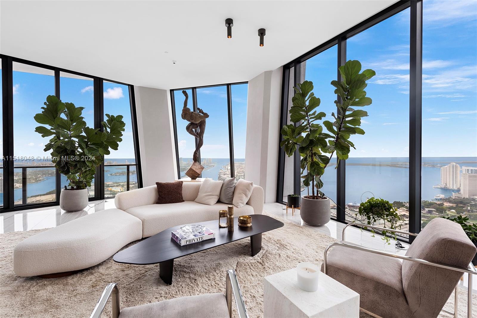 a living room with furniture potted plant and a large window