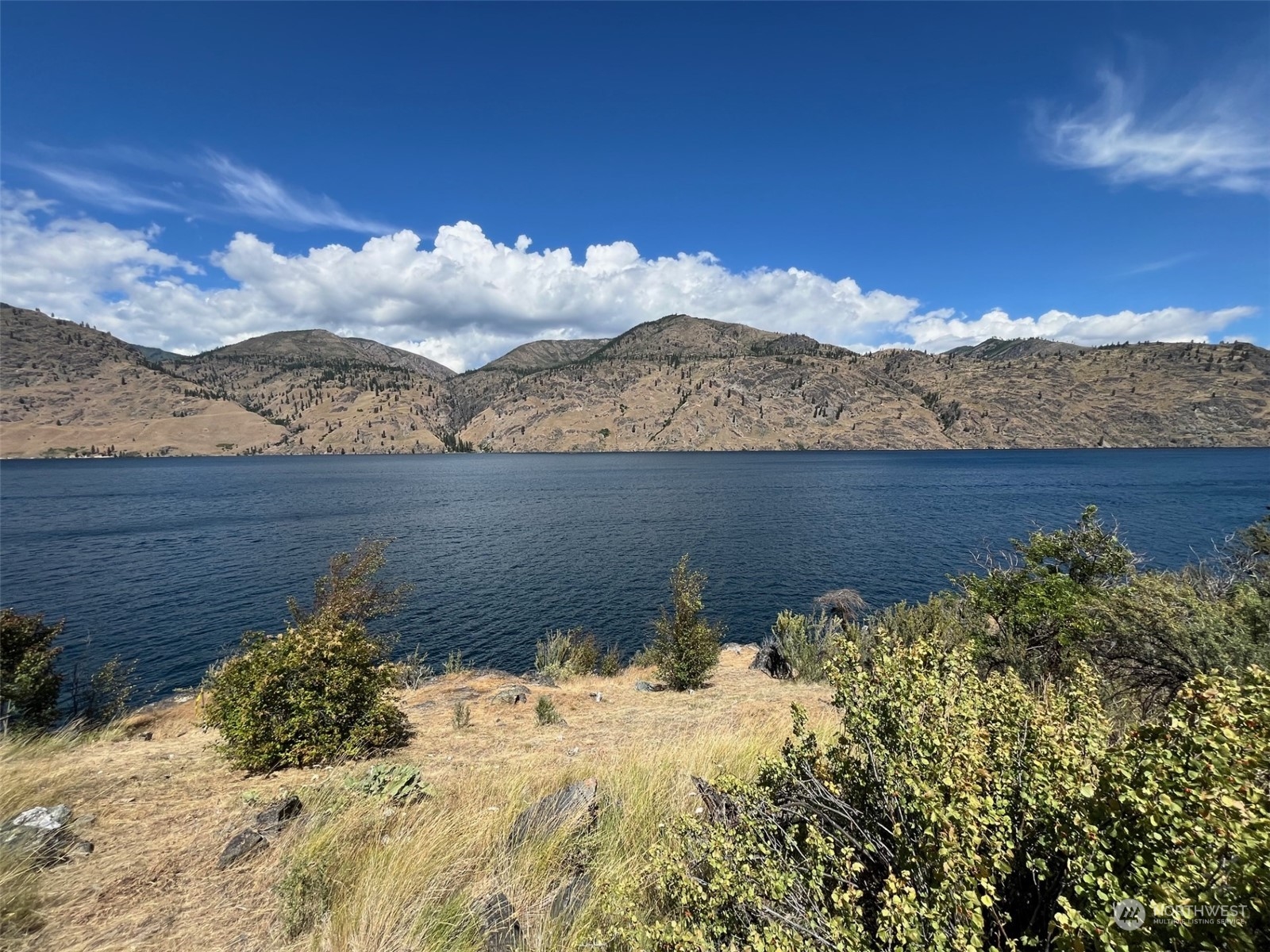 a view of a lake with a mountain