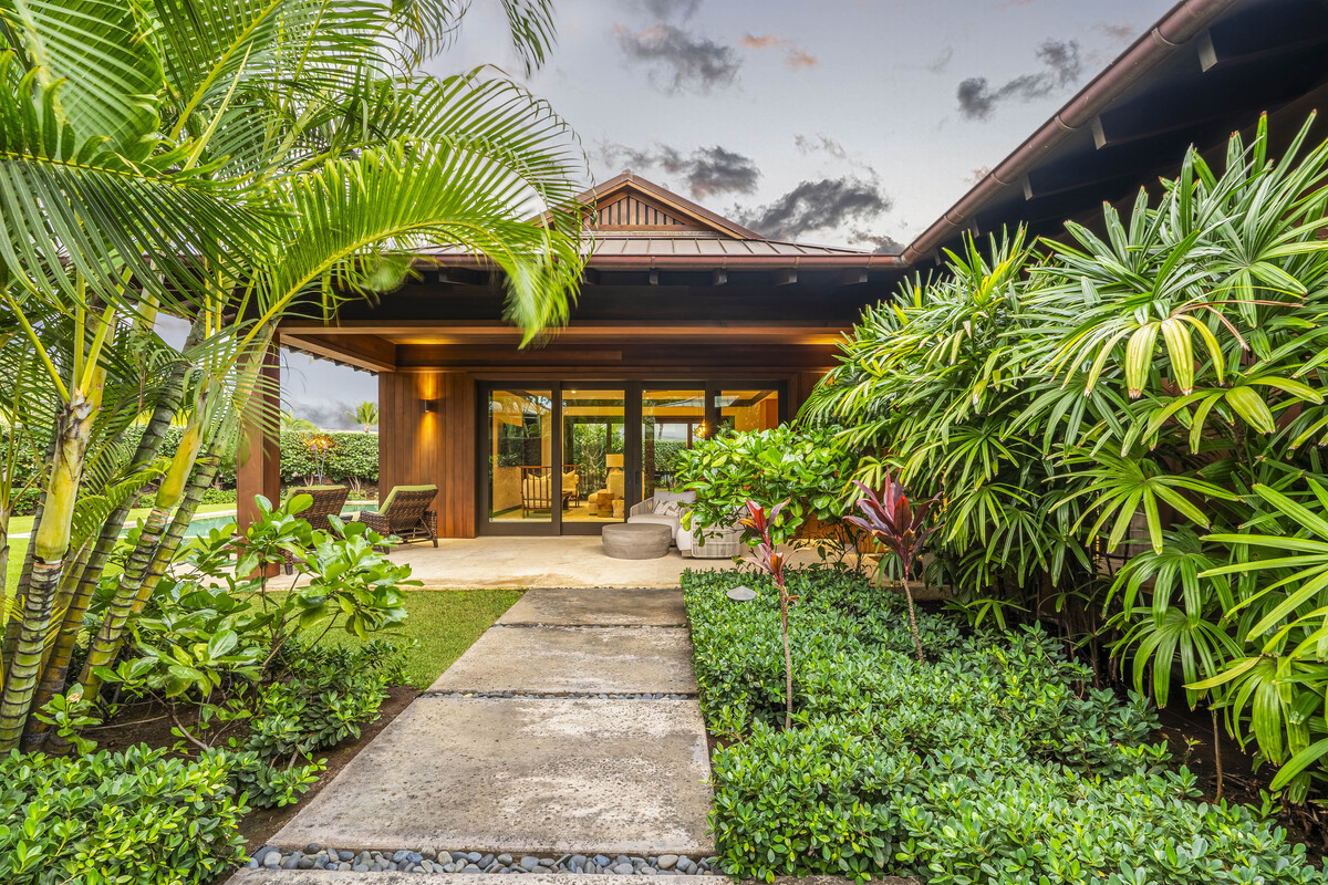 a view of a house with potted plants and a large tree