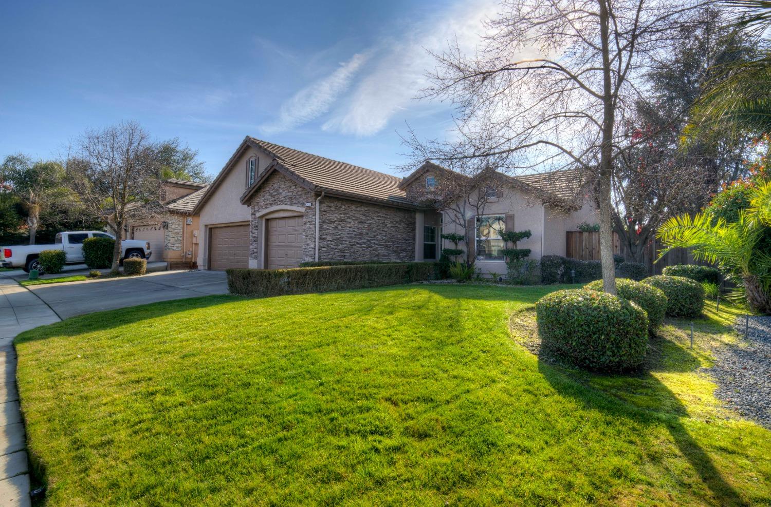 a view of a house with a large tree and a yard in front of it