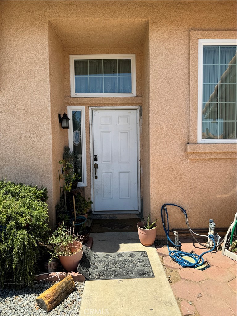 a backyard of a house with potted plants