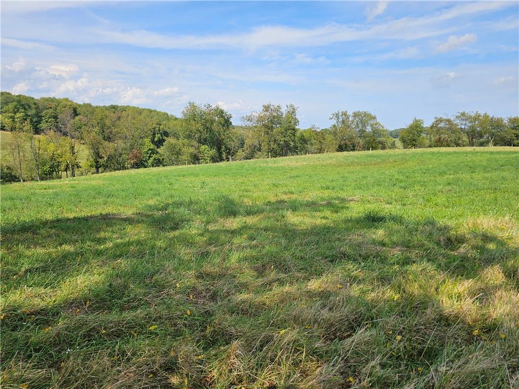 a view of a field with an ocean and mountains in the background