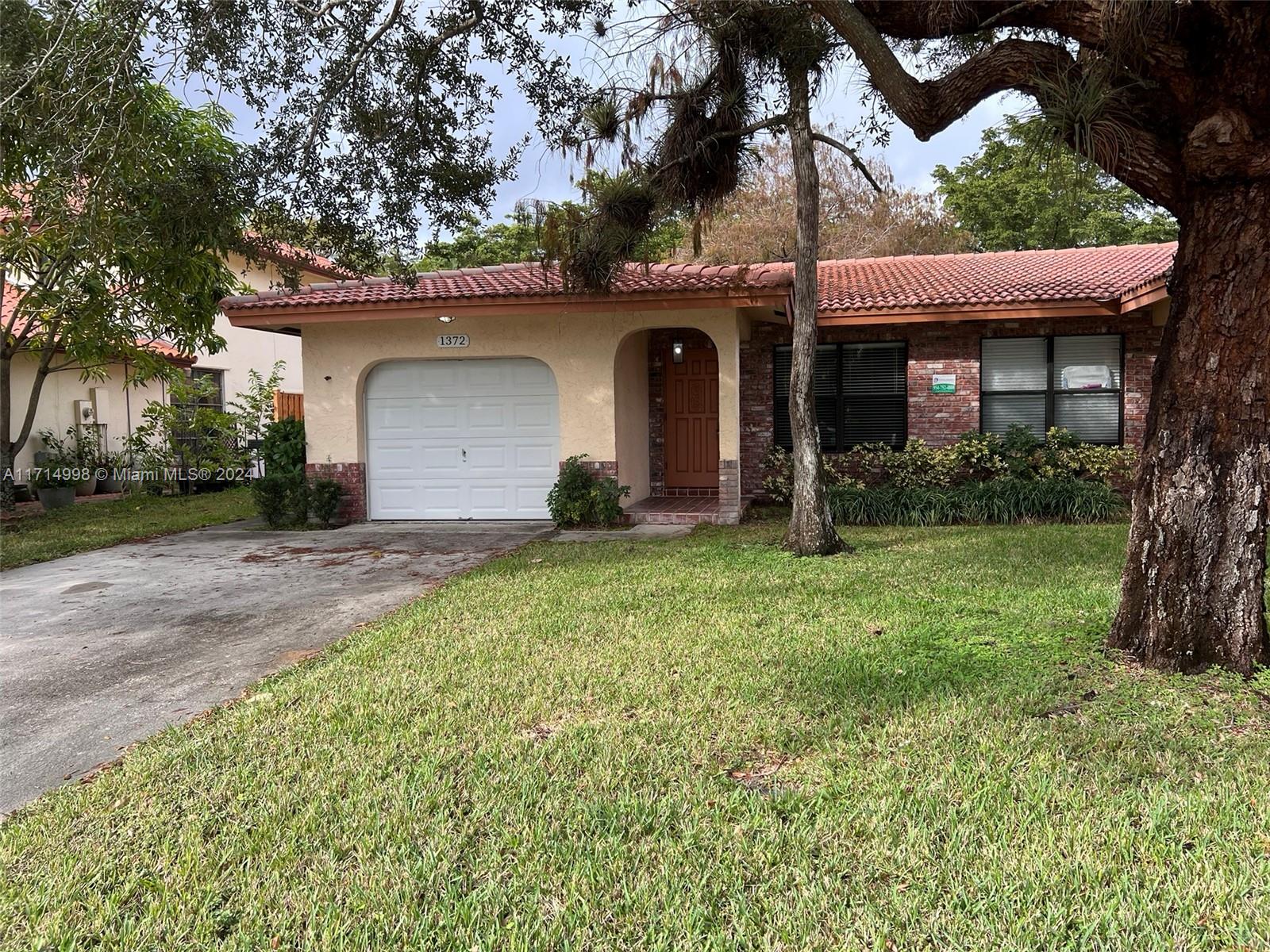 a view of a house with a small yard and a large tree