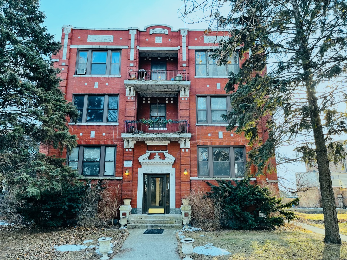 a front view of multi story residential apartment building