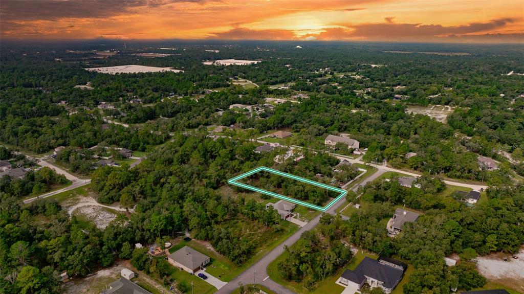 an aerial view of residential houses with outdoor space and trees